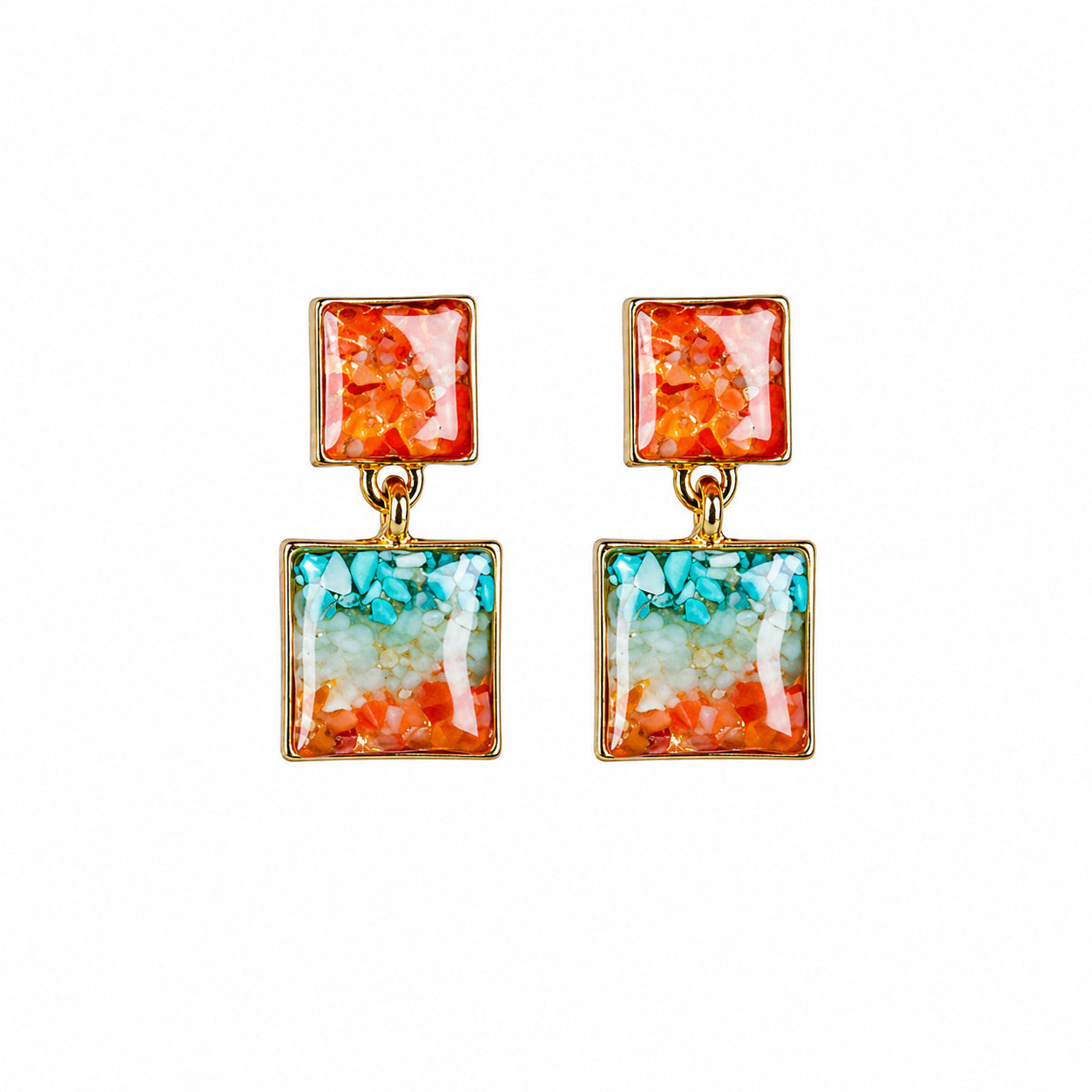 Colorful Stone Inlaid Earrings, Dunhuang Color Square Style