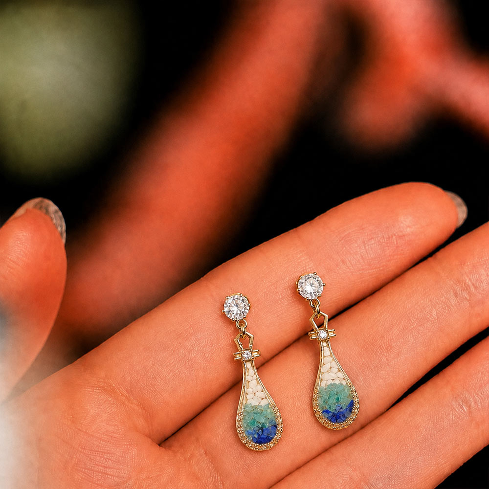 Colored Stone Inlaid Pipa Earrings Blue-and-White Series