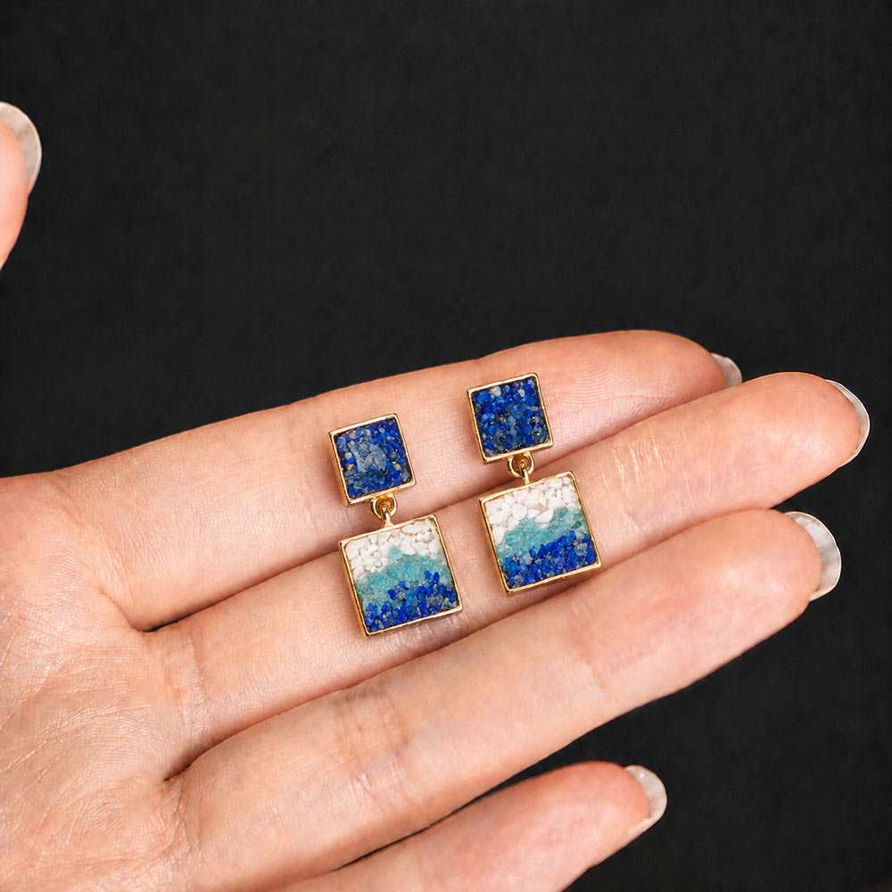 Square Blue-and-White Inlaid Stone Earrings