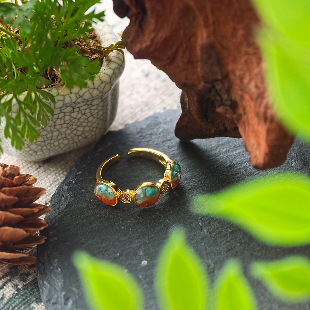 Color Stone Inlay Round Bead Ring – B Style, Dunhuang Red Series