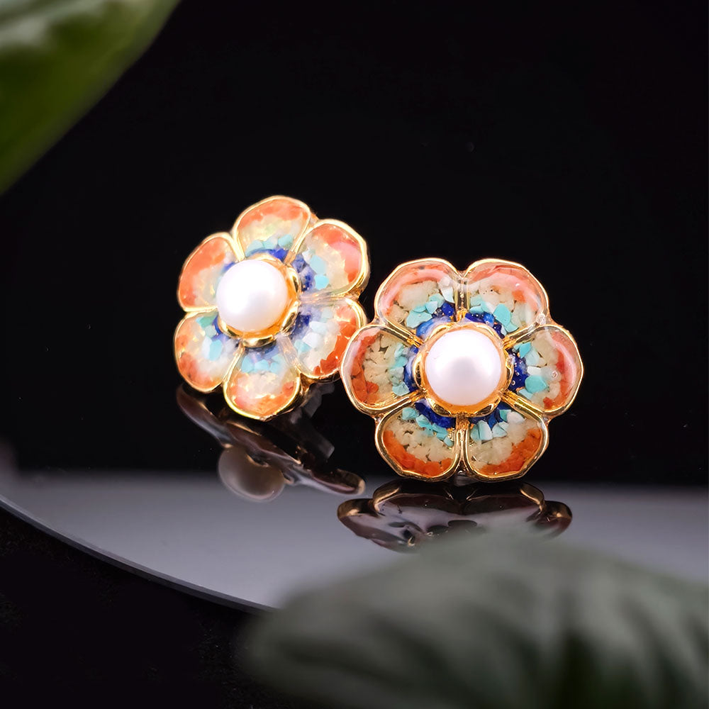 South Red Jade Lotus Flower Design Color Stone Stud Earrings