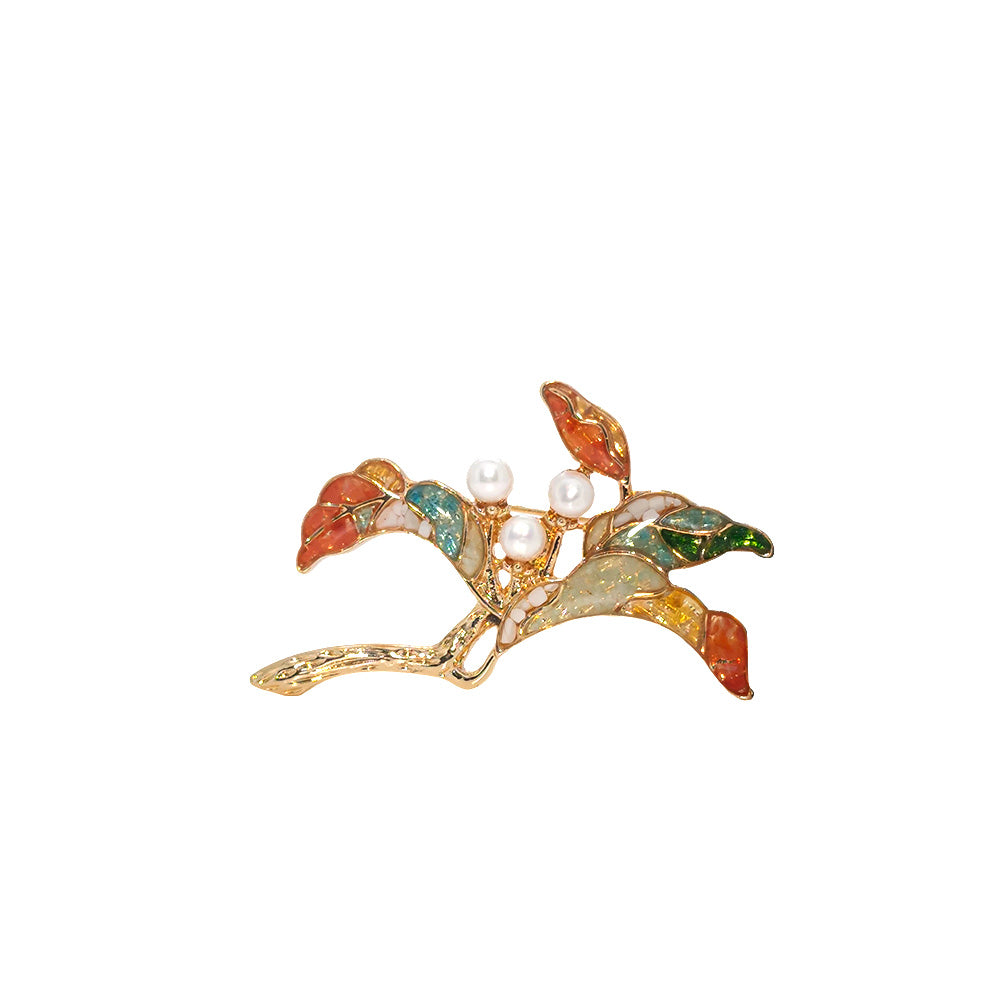Color Stone Inlay Pearl Multi-Gem Floral Branch Brooch