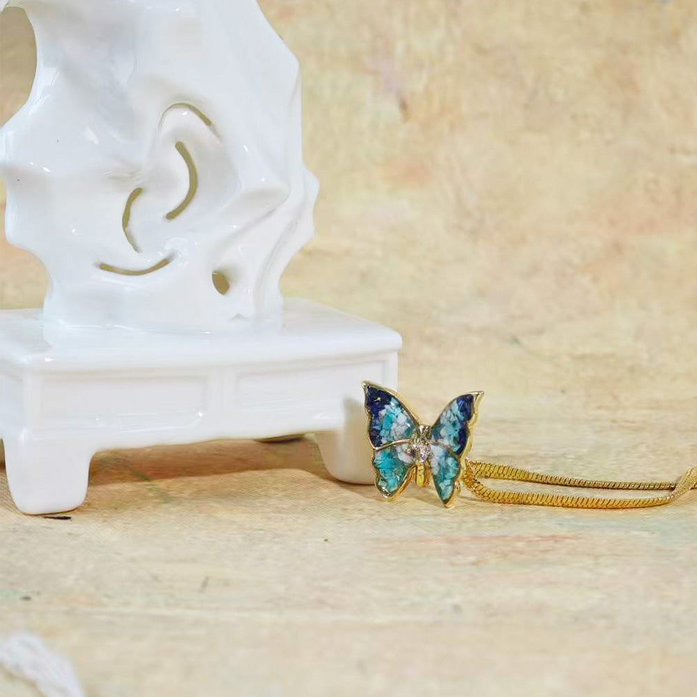 Color Stone Inlay Butterfly Necklace – Blue & White Style