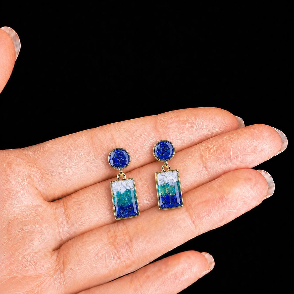Color Stone Inlay Earrings – Blue & White Round Square