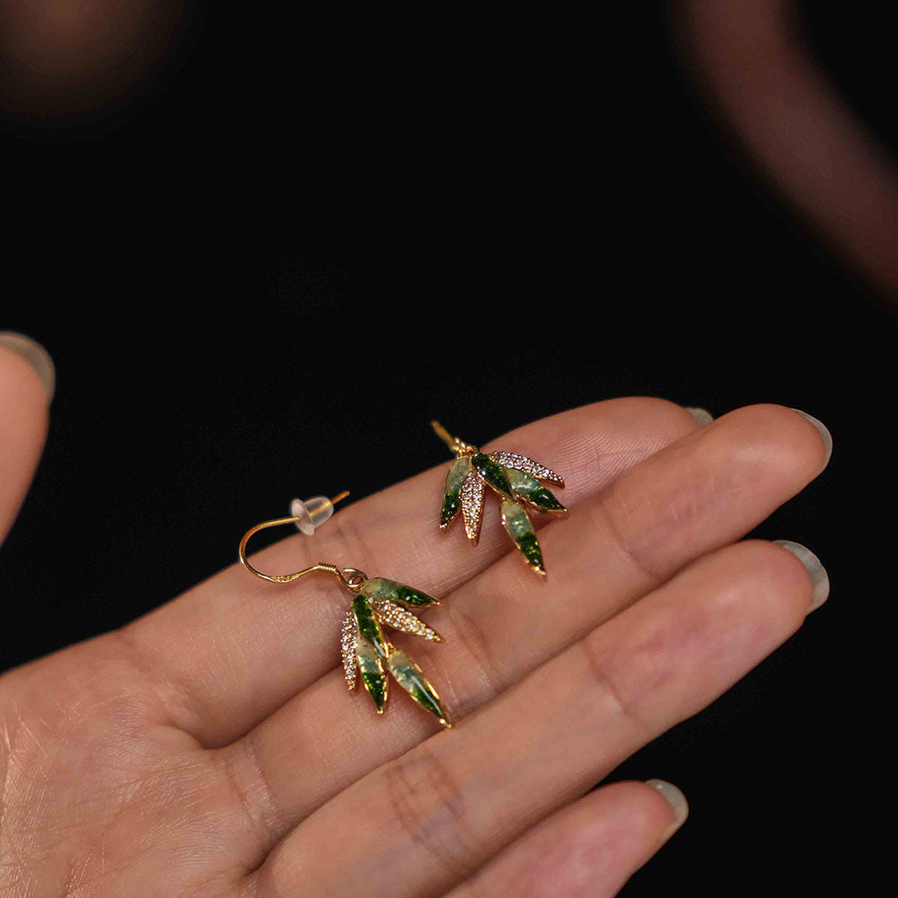 Color Stone Inlay Bamboo Leaf Earhooks