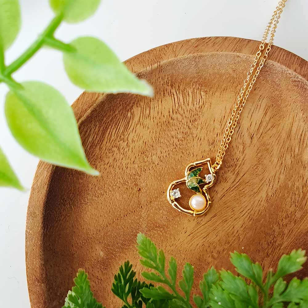 Color Stone Inlay Gourd & Bamboo Leaf Pearl Necklace – Jade Green Series