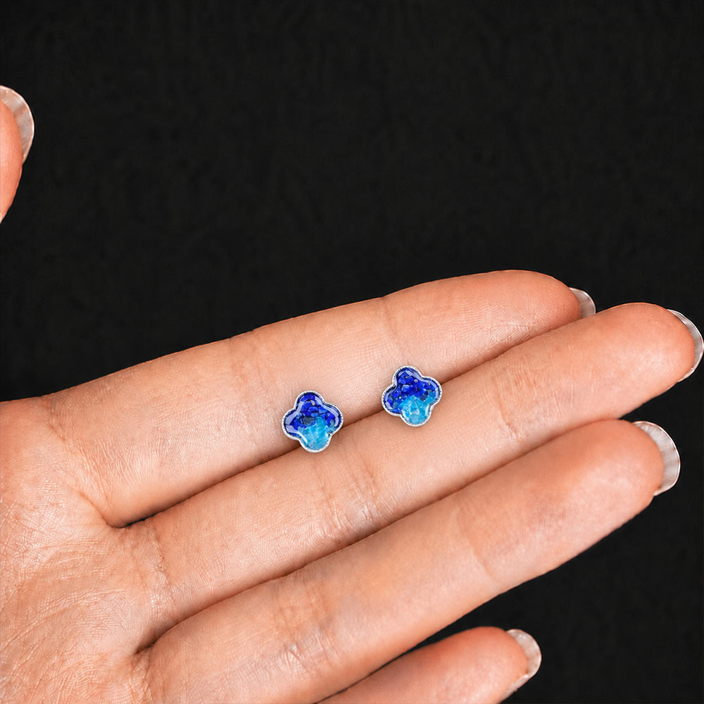 Color Stone Inlay Silver Four-Leaf Clover Stud Earrings – Royal Blue Gradient Series
