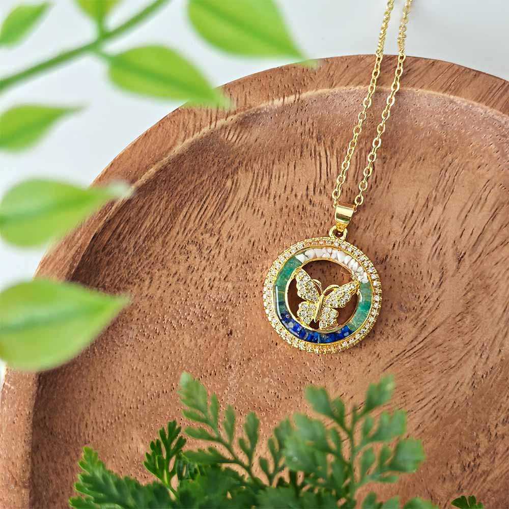 Color Stone Inlay Openwork Butterfly Necklace – Blue & White Series