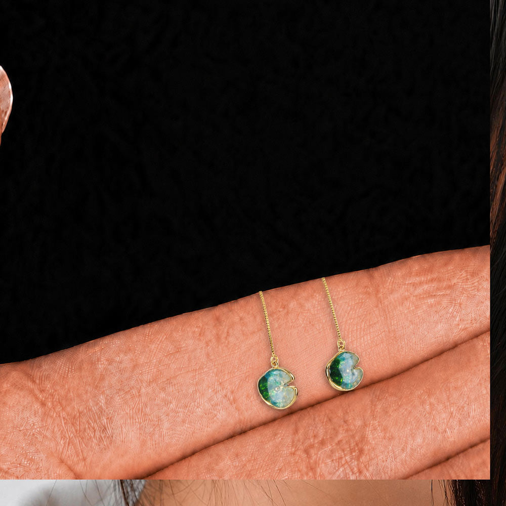 Colorful Stone Inlaid Earrings, Emerald Green Lotus Leaf Drop