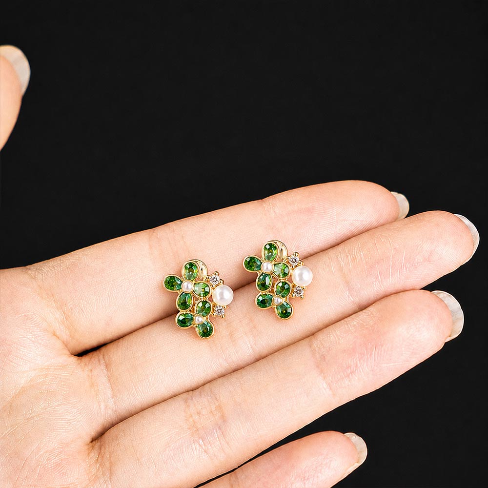Color Stone Inlay Studs – Pearl & Four-Leaf, Emerald Green
