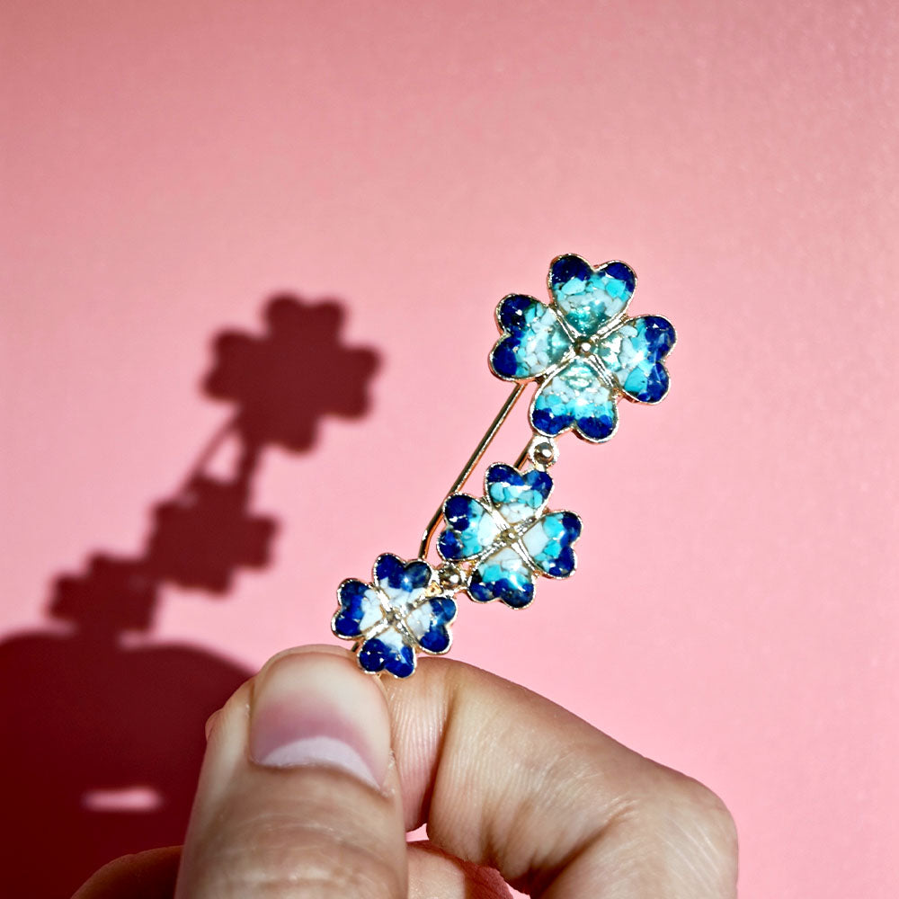 Cyan Lapis Four-Leaf Clover Hairpin with Enamel Inlay