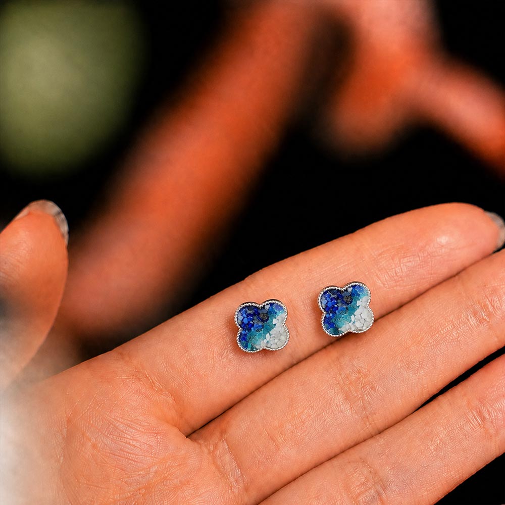 Color Stone Inlay Silver Clover Stud Earrings – Blue & White Series