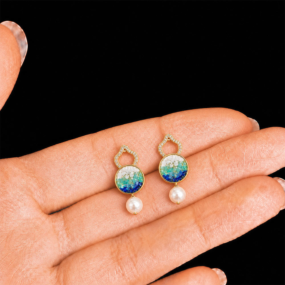 Colored Stone Inlaid Blue-and-White Gourd Earrings