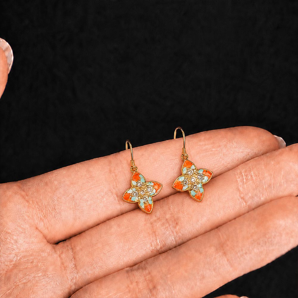 Color Stone Inlay Pointed Four-Leaf Clover Hook Earrings - Dunhuang Series