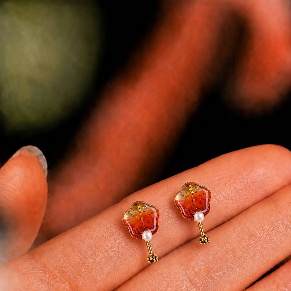Colorful Stone Inlaid Earrings, Prosperity Red Folding Fan