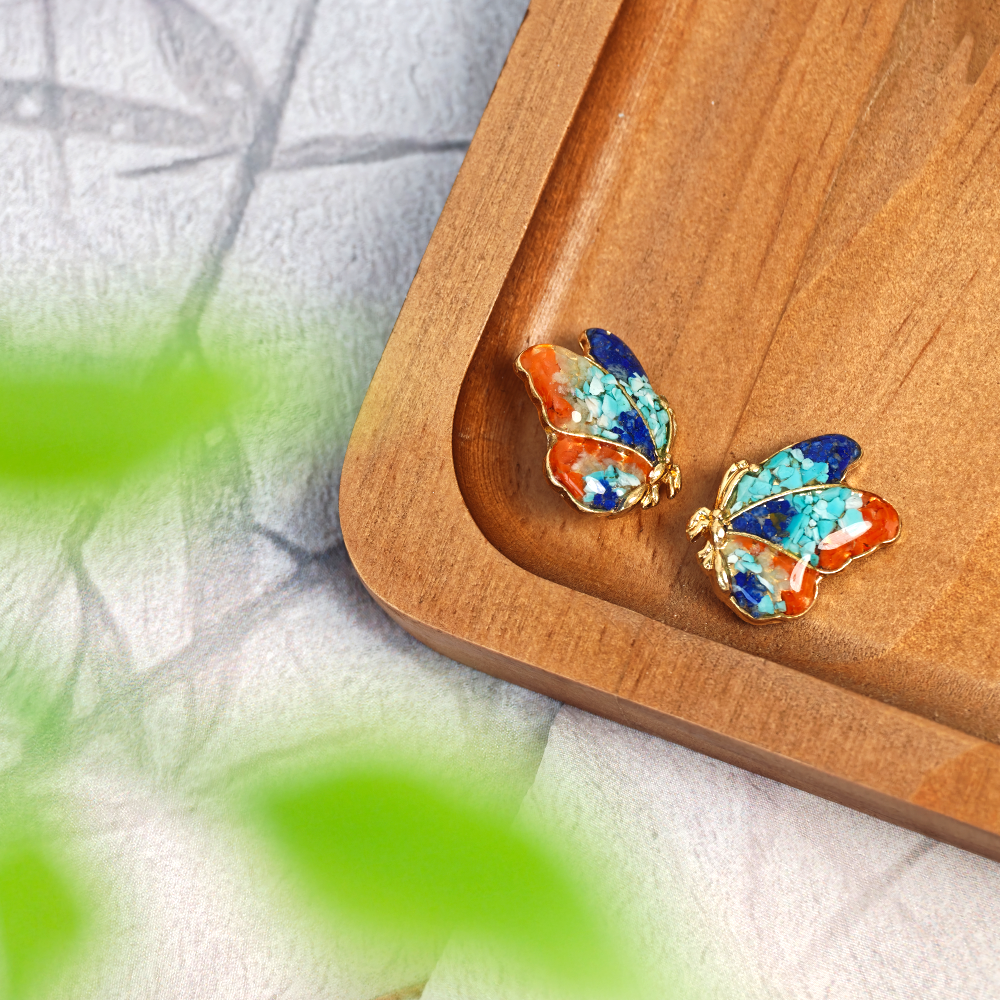 Color Stone Inlay Butterfly Wing Stud Earrings - Dunhuang Series