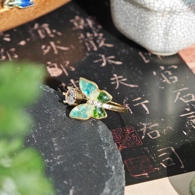 Colored Stone Inlaid Jade Green Gradient Butterfly Ring