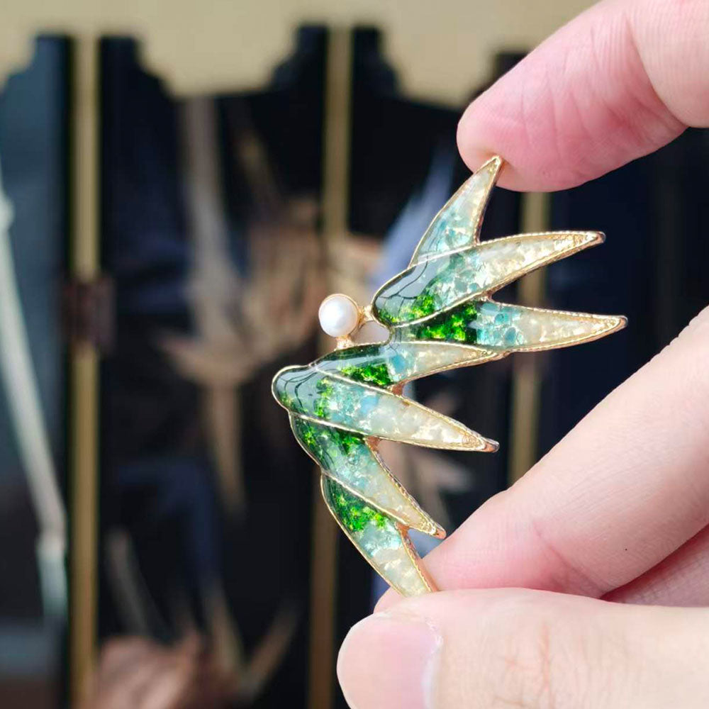 Jade Green Stone Inlay Bamboo Leaf Brooch