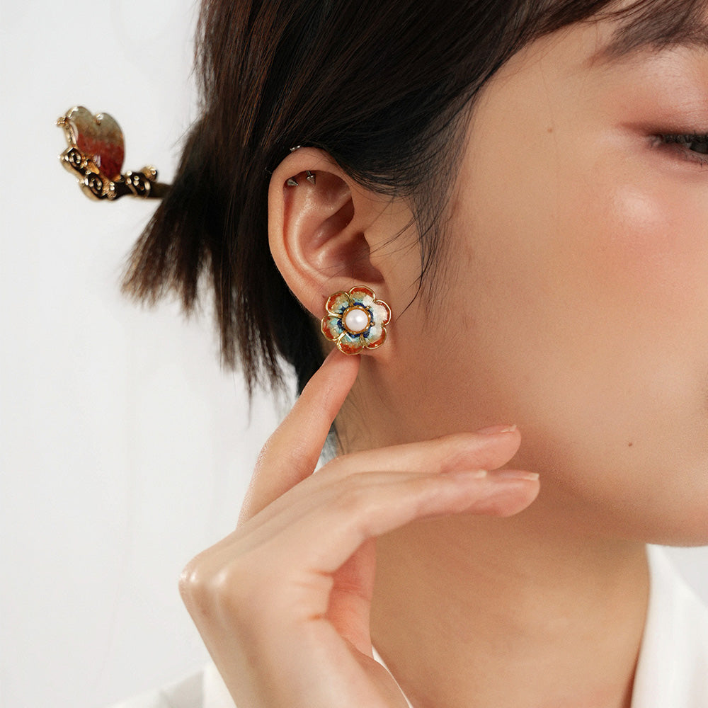 South Red Jade Lotus Flower Design Color Stone Stud Earrings