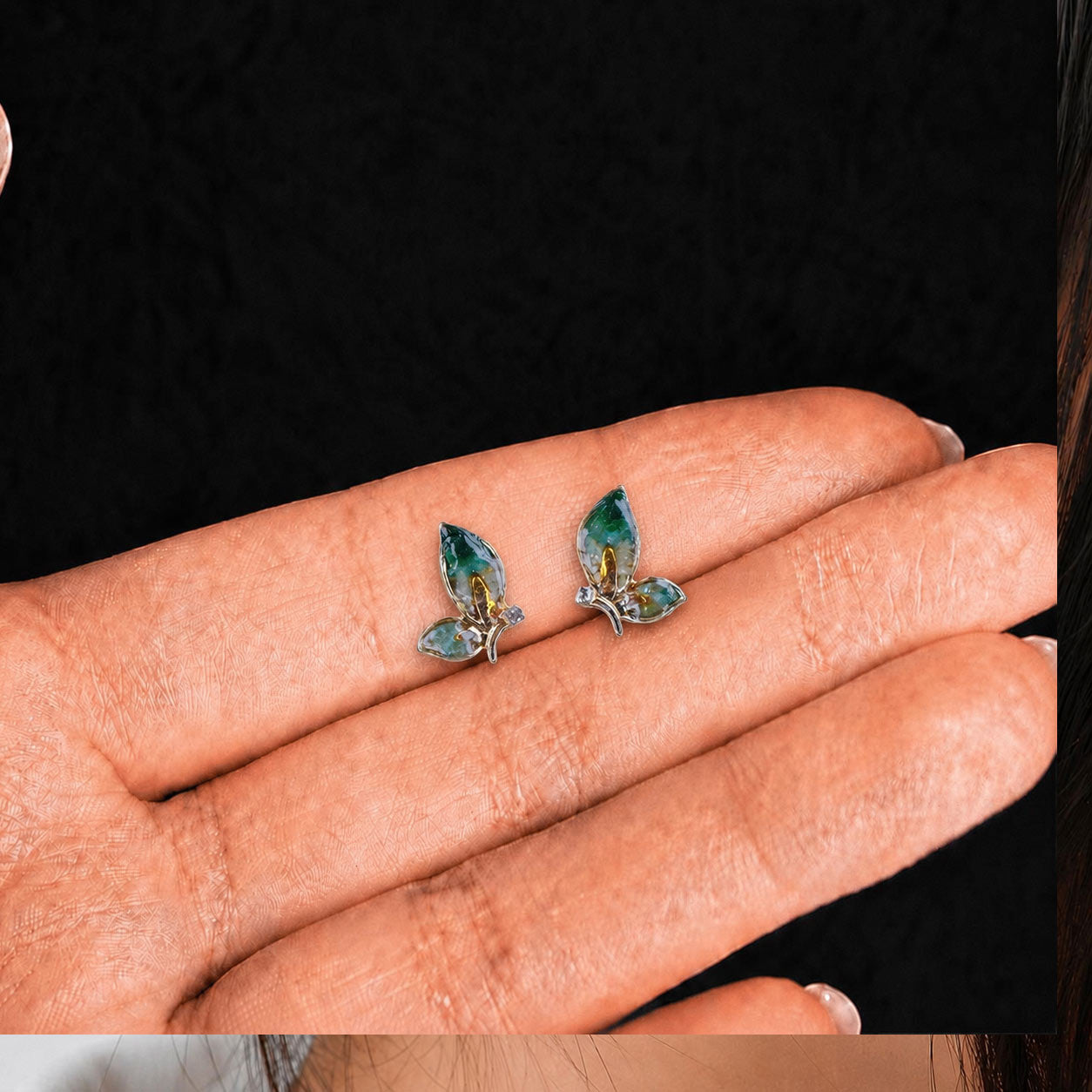 Color Stone Inlay Jade Green Butterfly Wing Stud Earrings - Style