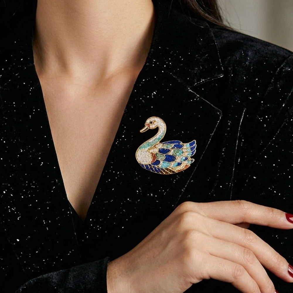 Blue-and-White Porcelain & Colored Stone Inlay Swan Brooch