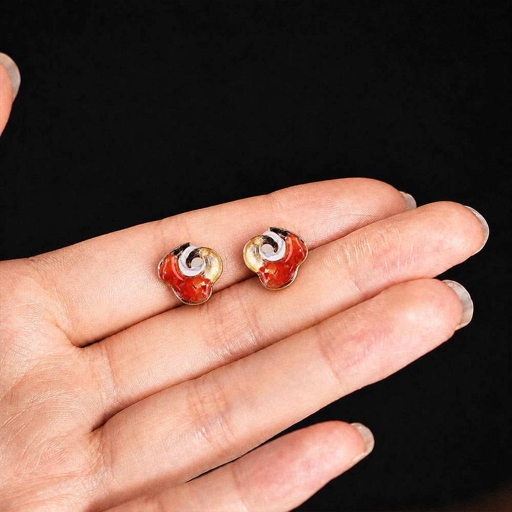 Color Stone Inlay Stud Earrings - Prosperous Red Cloud Motif