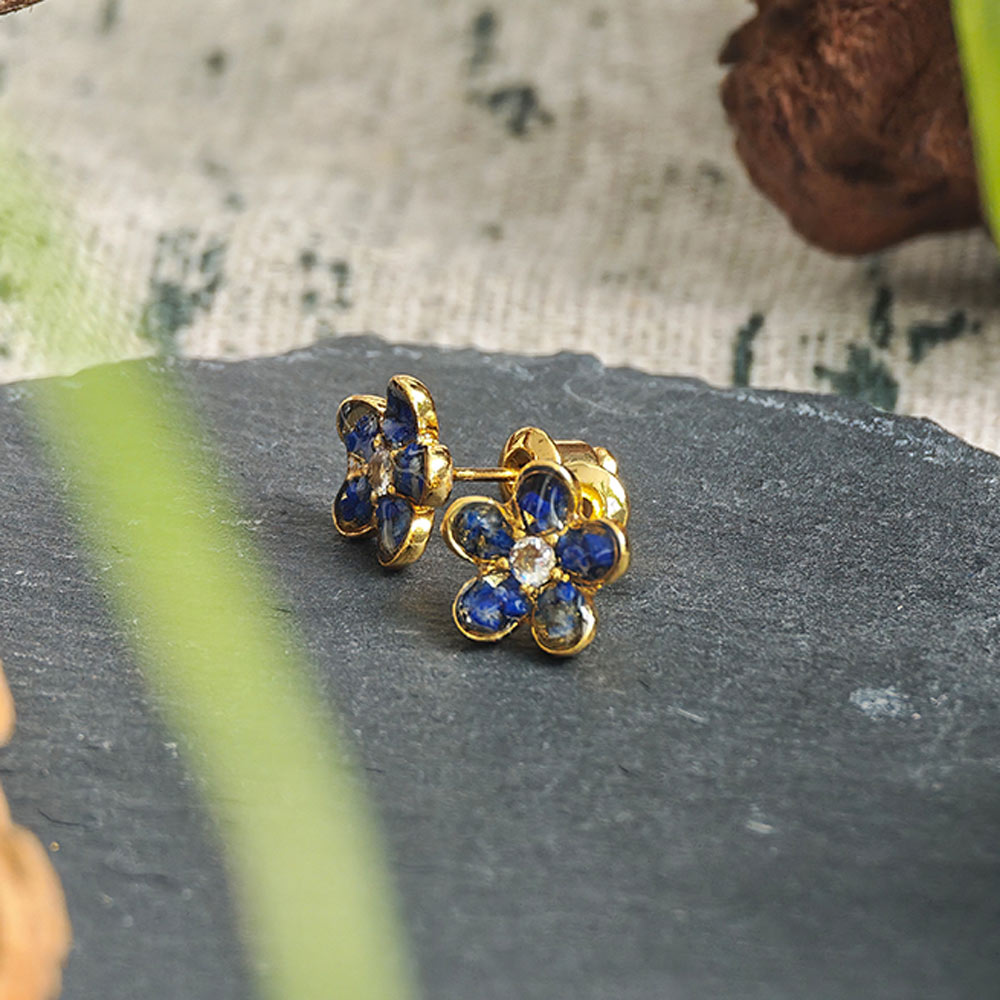 Color Stone Inlay Five-Petal Flower Stud Earrings - Sapphire Blue Series