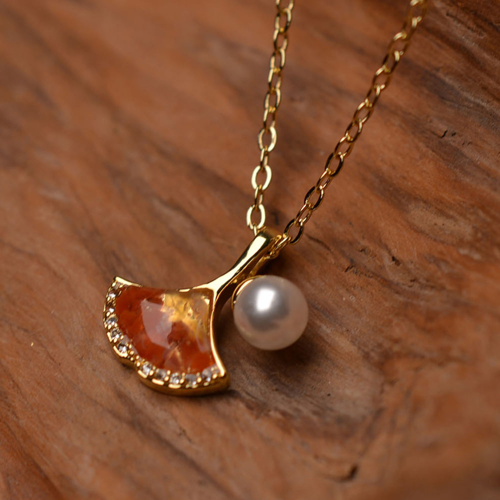 Color Stone Inlay Necklace – Ginkgo Leaf, Prosperous Red