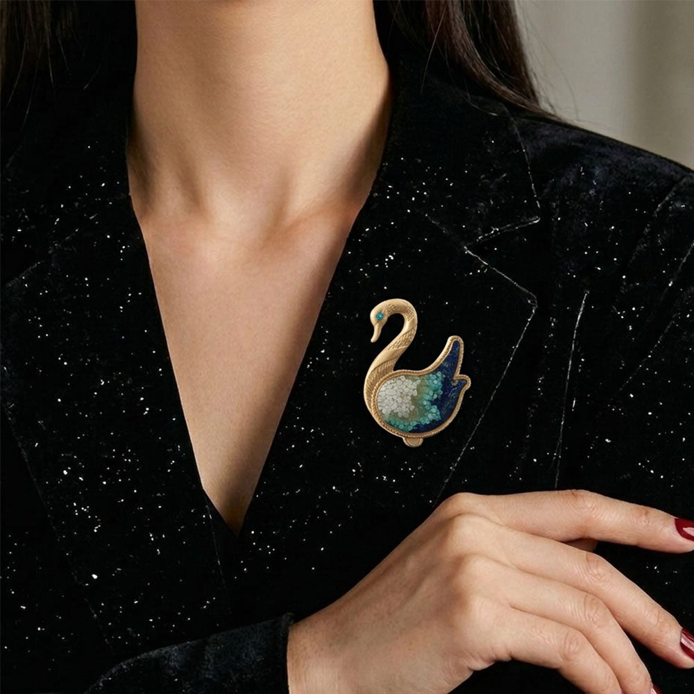 Blue-and-White Porcelain & Colored Stone Inlay Swan Brooch