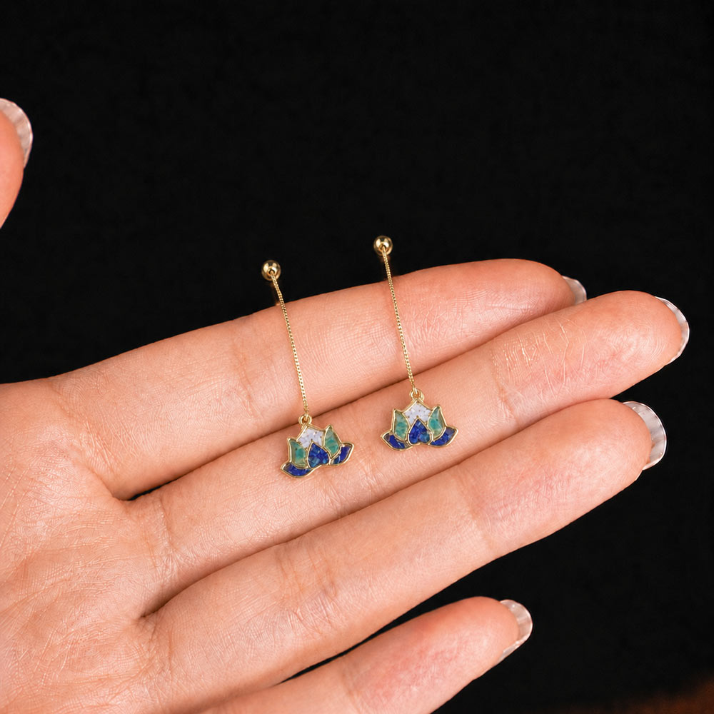 Colorful Stone Inlaid Long Earrings, Lotus Blue & White Porcelain Style