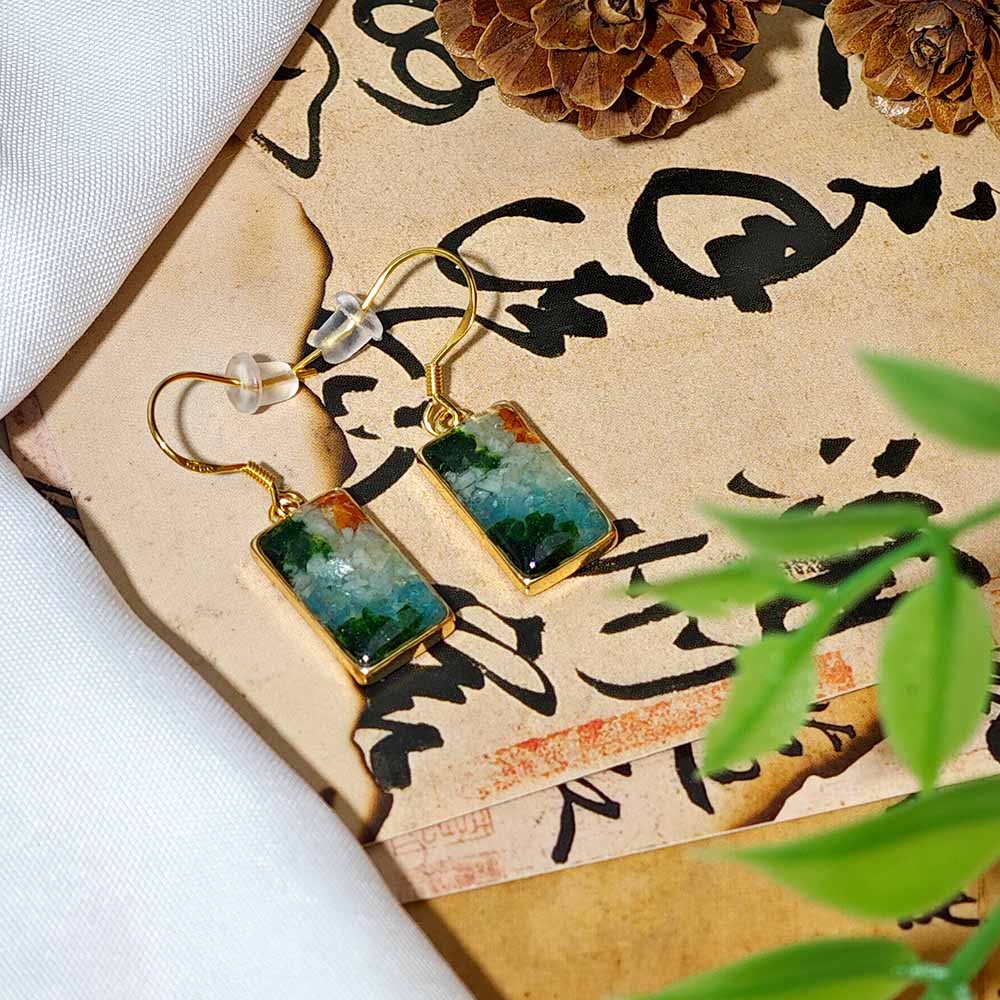 Rainy-Day Jiangnan Rectangular Ear Hooks with Color Stone Inlay