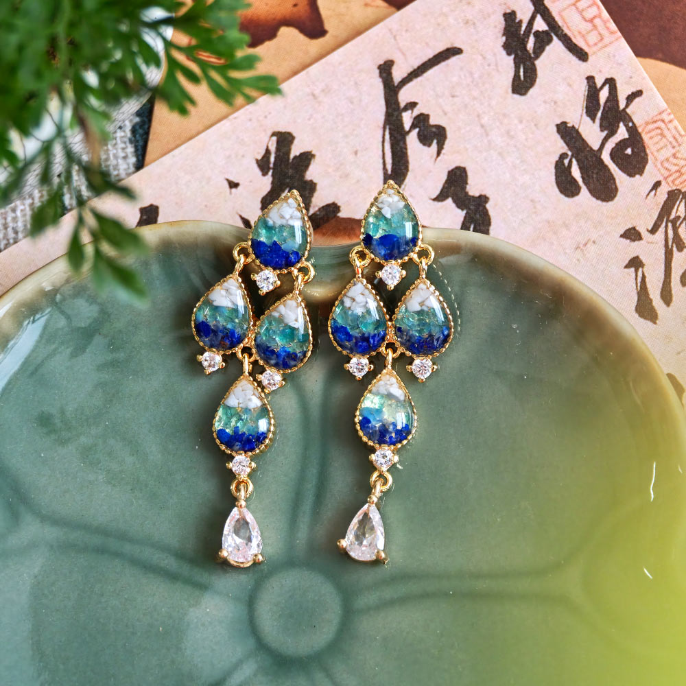 Colored Stone Inlaid Earrings Blue-and-White Porcelain Waterdrop B Style