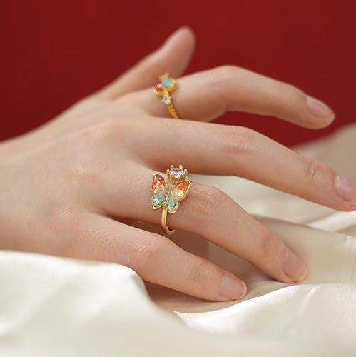 Colored Stone Inlaid Dunhuang Color Butterfly Ring
