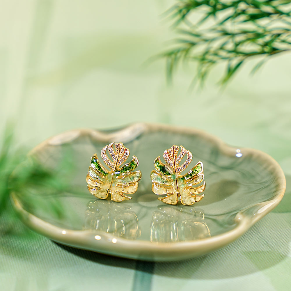 Jade Green Palm Leaf Gem Stud Earrings