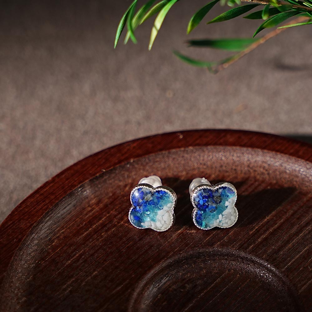 Color Stone Inlay Silver Clover Stud Earrings – Blue & White Series