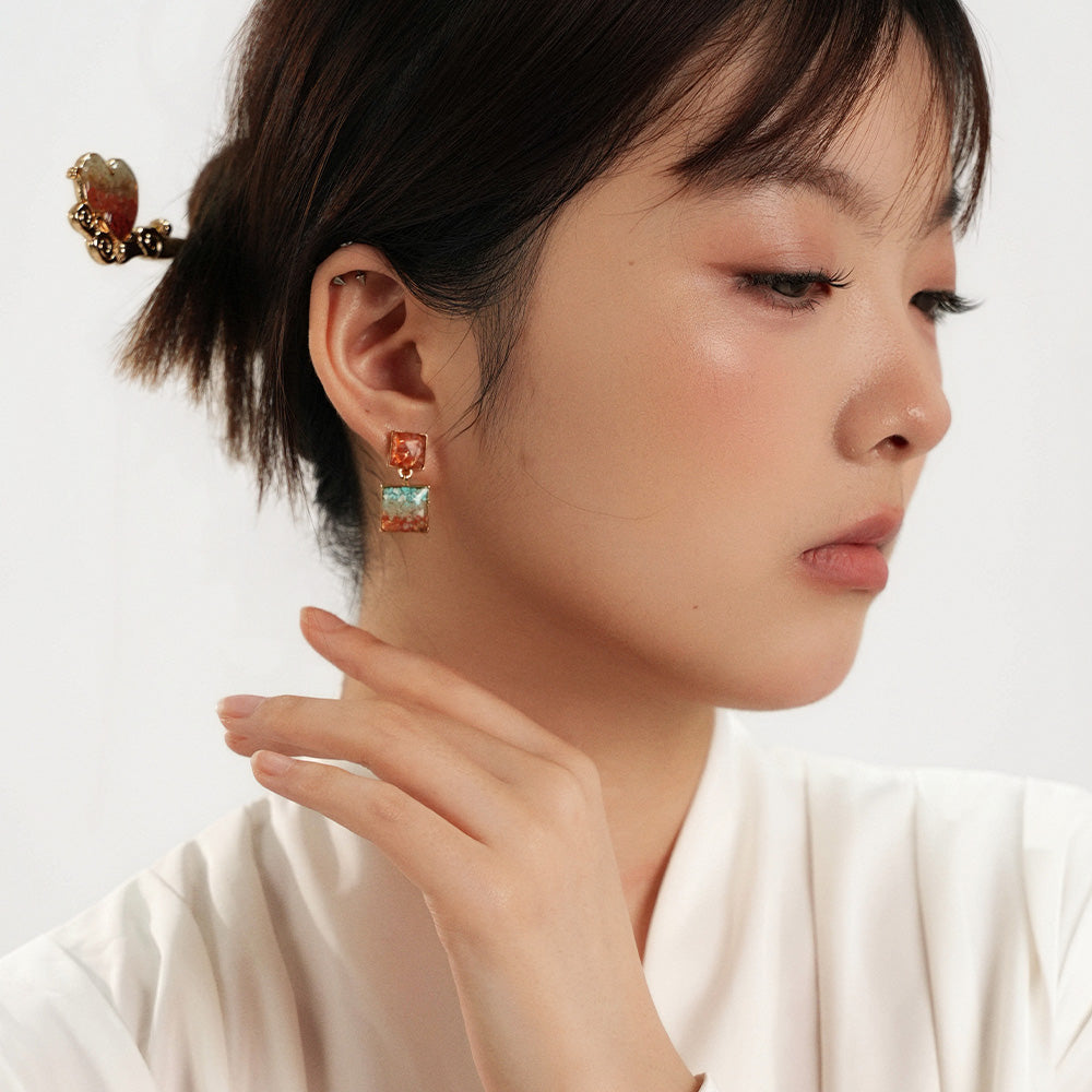 Colorful Stone Inlaid Earrings, Dunhuang Color Square Style