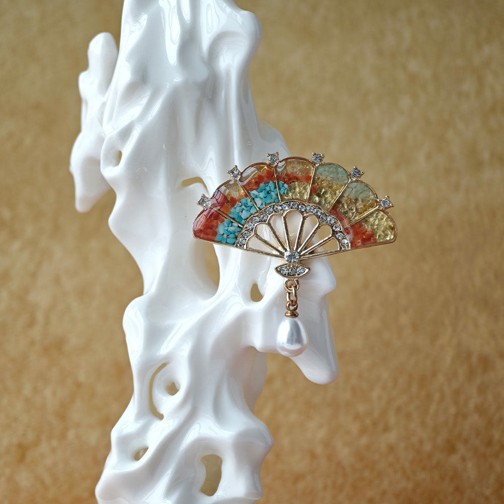 Dunhuang Tone Gem Inlay Fan Brooch with Pearl