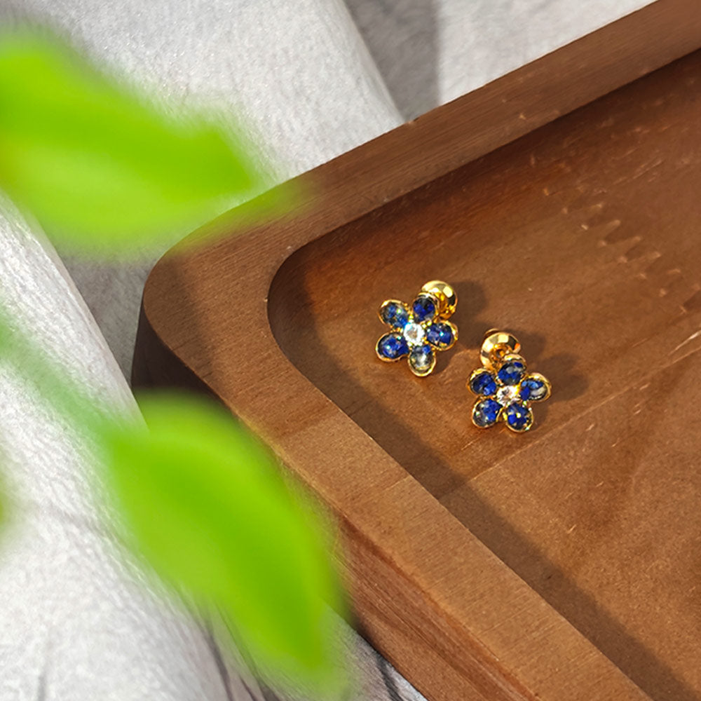Color Stone Inlay Five-Petal Flower Stud Earrings - Sapphire Blue Series