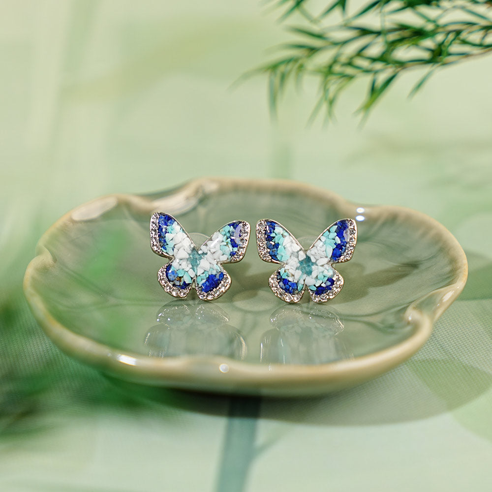 Color Stone Inlay Earrings – Blue & White Butterfly 15MM