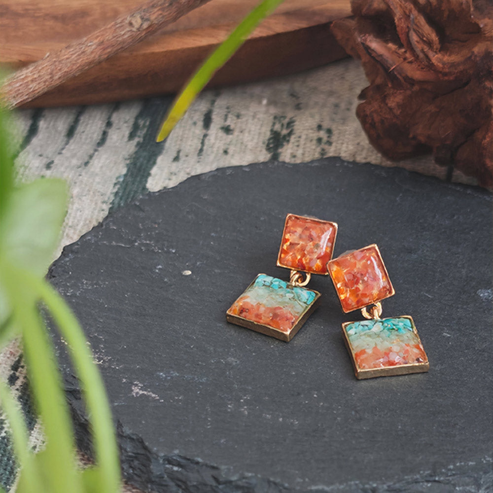Earrings, Dunhuang Color Square Style
