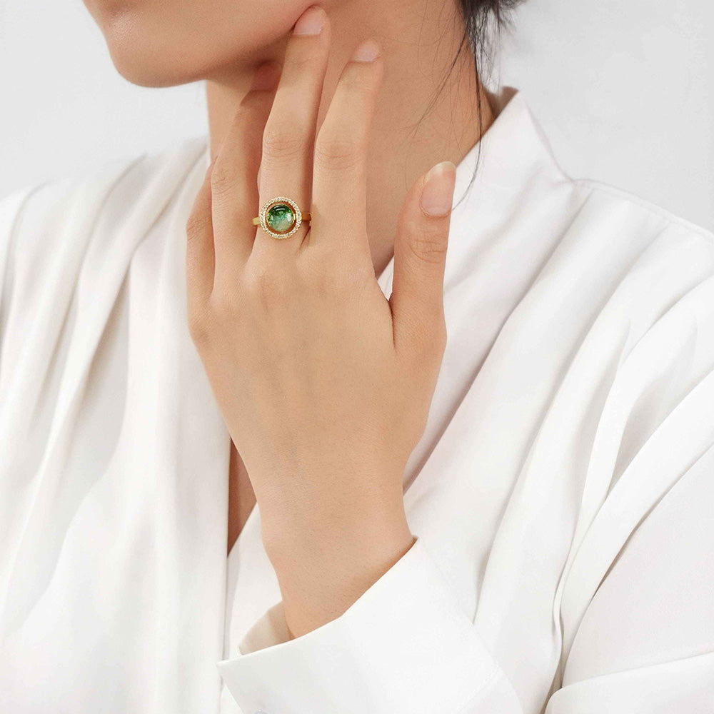 Jadeite Green Big Round Bean Ring Inlaid with Colored Stones