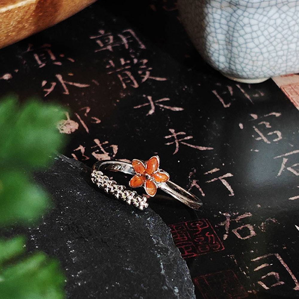 Silver Open Ring – Five-Petal Flower, Red Series