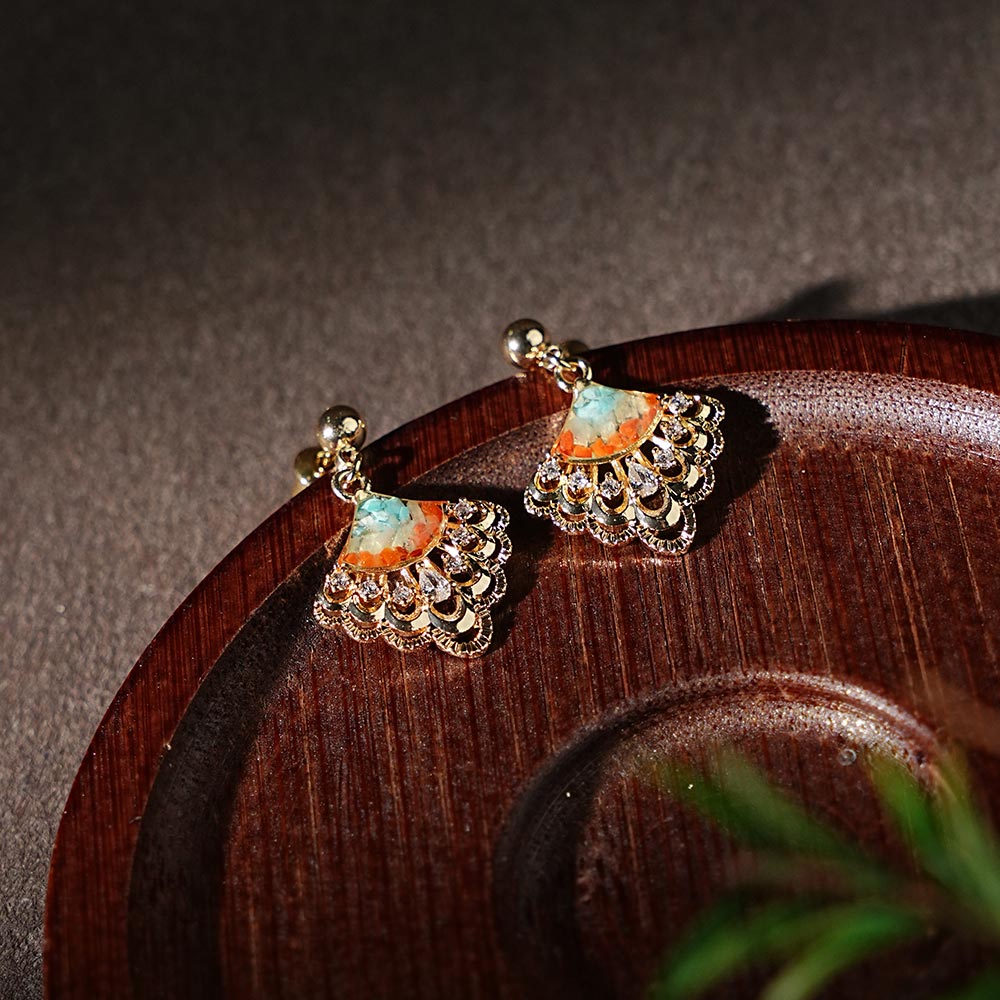 Dunhuang Color Openwork Fan Stone Inlay Earrings