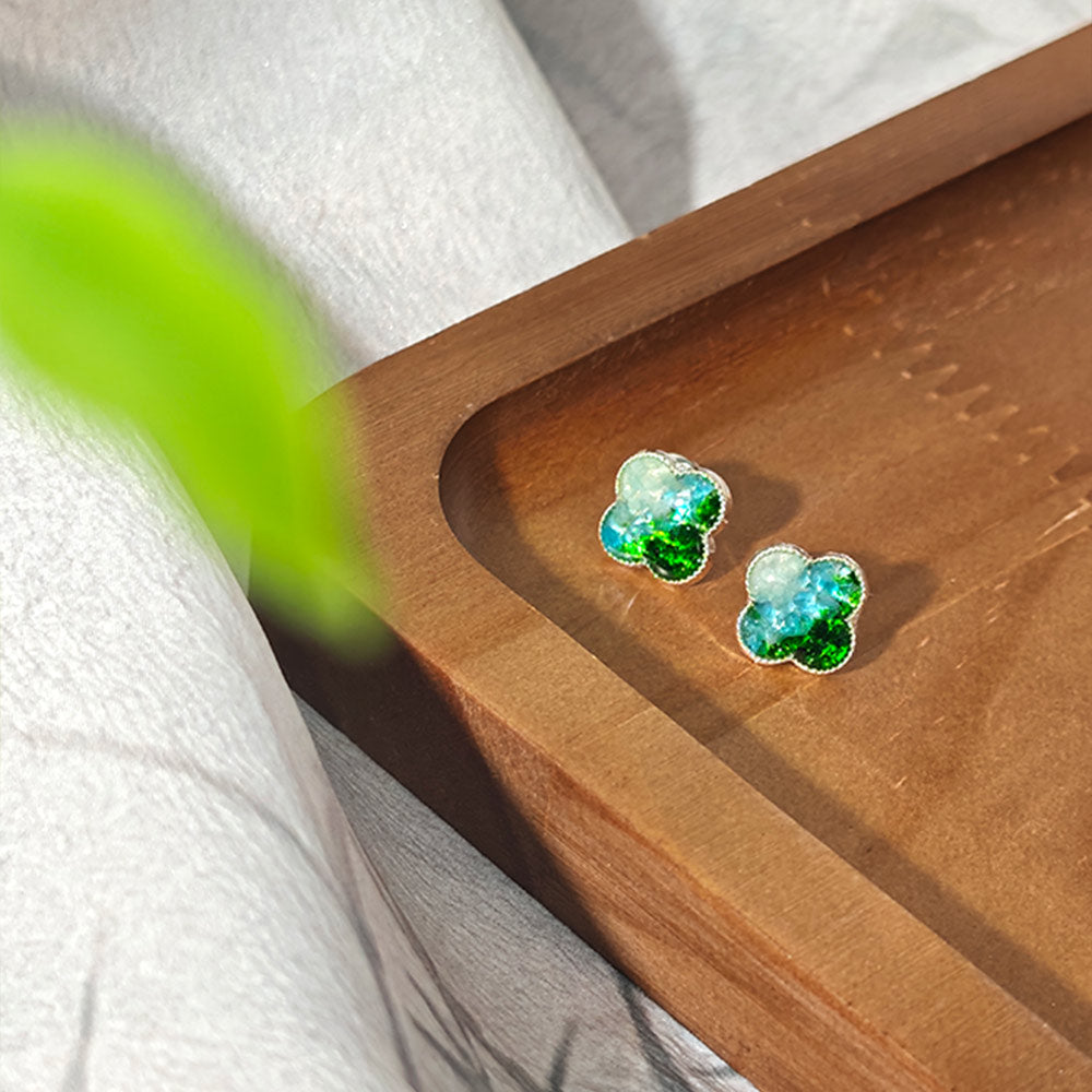 Color Stone Inlay Silver Four-Leaf Clover Stud Earrings – Jade Green Series