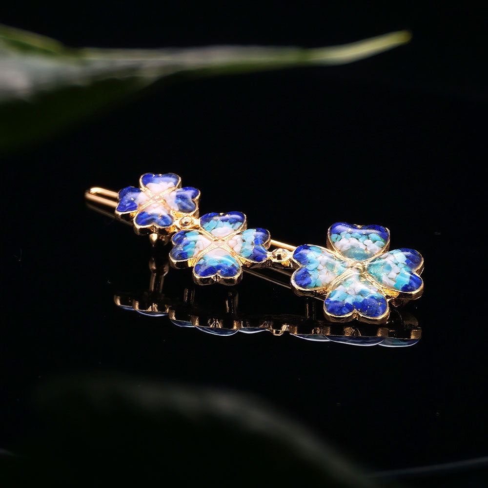 Cyan Lapis Four-Leaf Clover Hairpin with Enamel Inlay