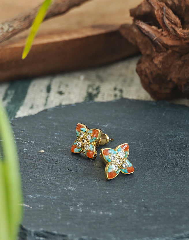 Colorful Stone Inlaid Pointed Four-Leaf Clover Earrings, Dunhuang Palette