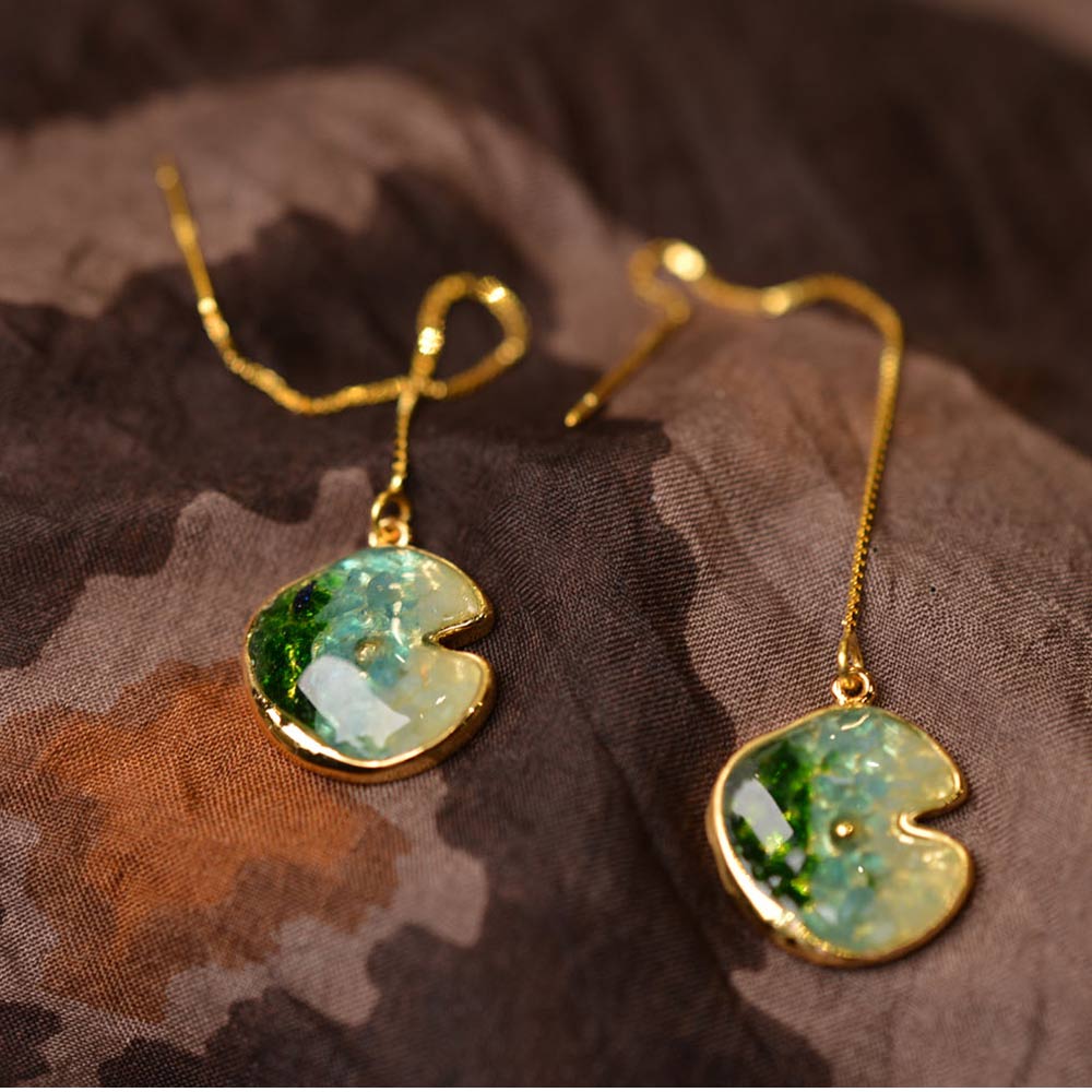 Colorful Stone Inlaid Earrings, Emerald Green Lotus Leaf Drop