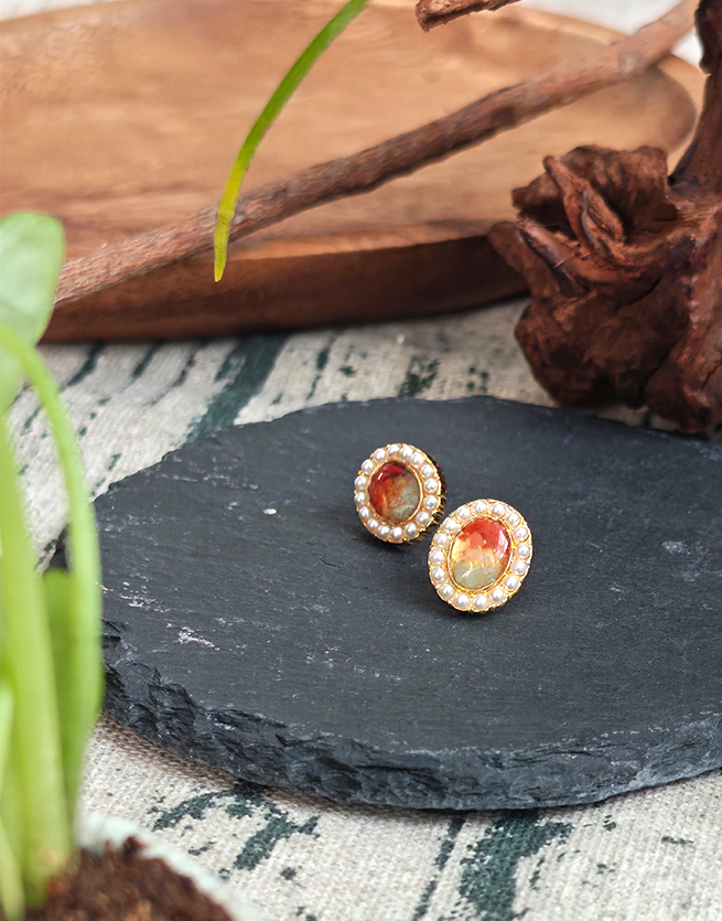 Colorstone Inlay Pearl Oval Stud Earrings, Spring Series