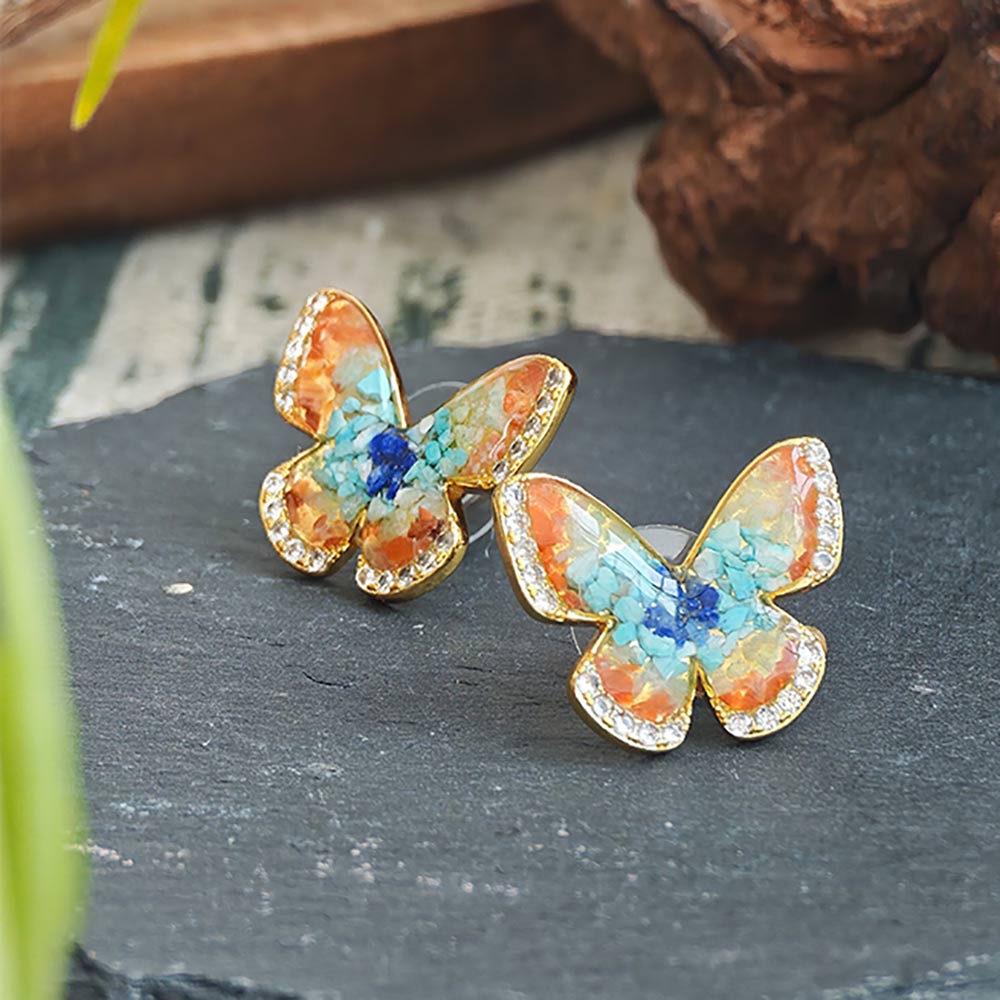 Color Stone Inlay Butterfly Stud Earrings – Dunhuang Color 15MM with Crystal I1