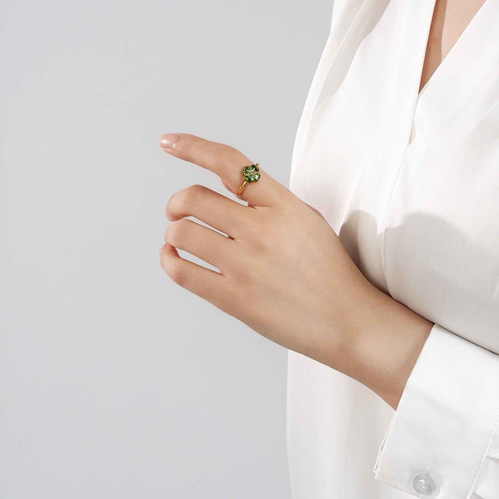 Adjustable Emerald Green Four-Leaf Clover Ring with Colorful Stone Inlay